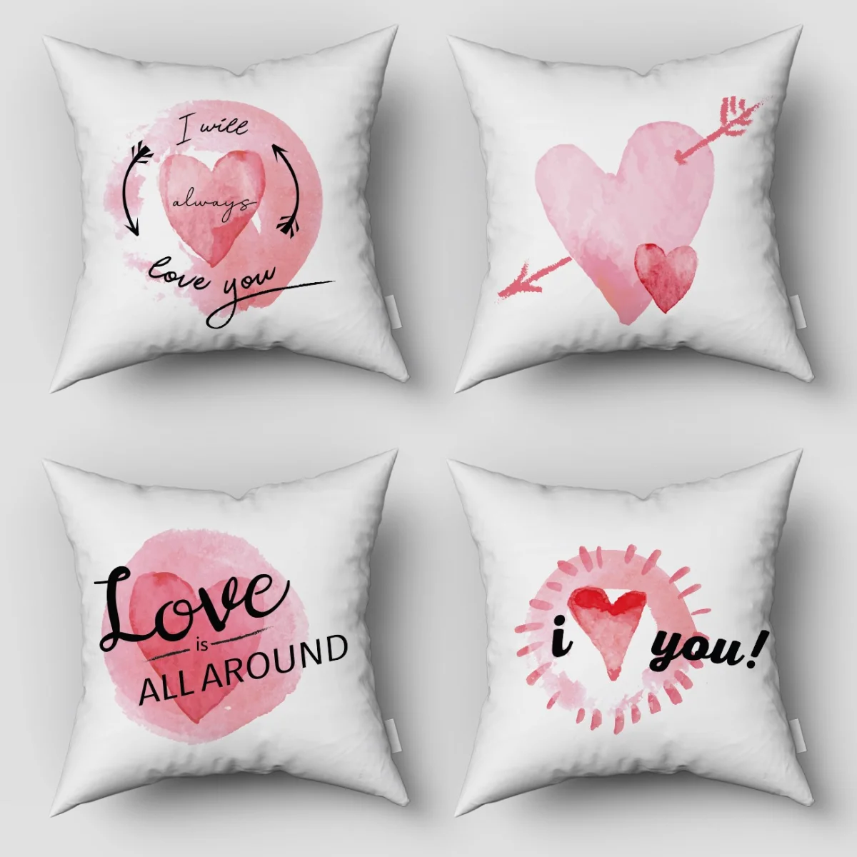 Kalp 4lü Kırlent | Beyaz suluboya kalpler, oklar Desenli