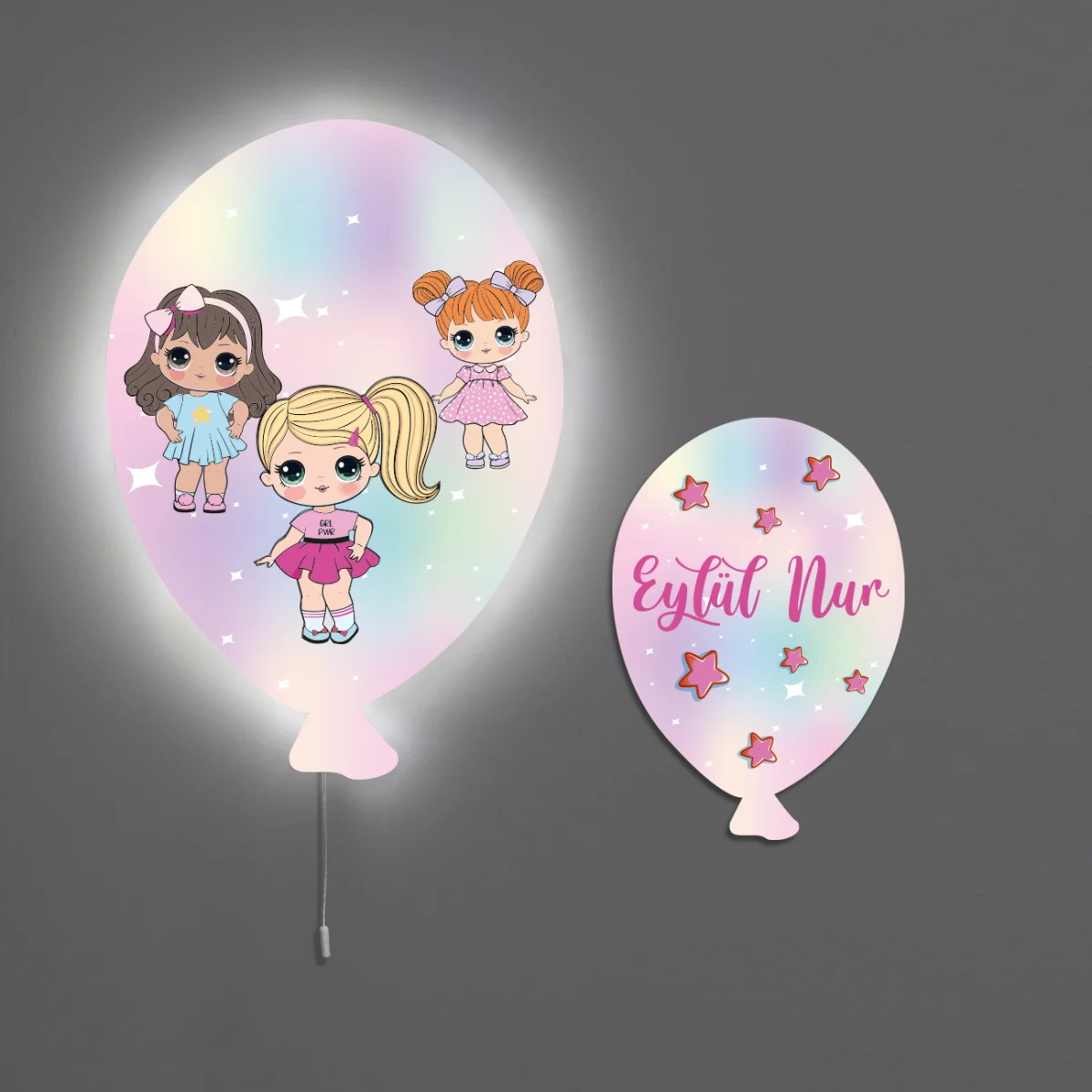 Kız Bebekler Balon Avize | Pastel Yıldızlar, gökkuşağı Desenli