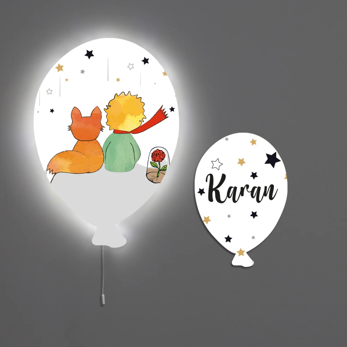 Küçük Prens, Tilki, Gül Balon Avize | Beyaz yıldızlar, gri Desenli