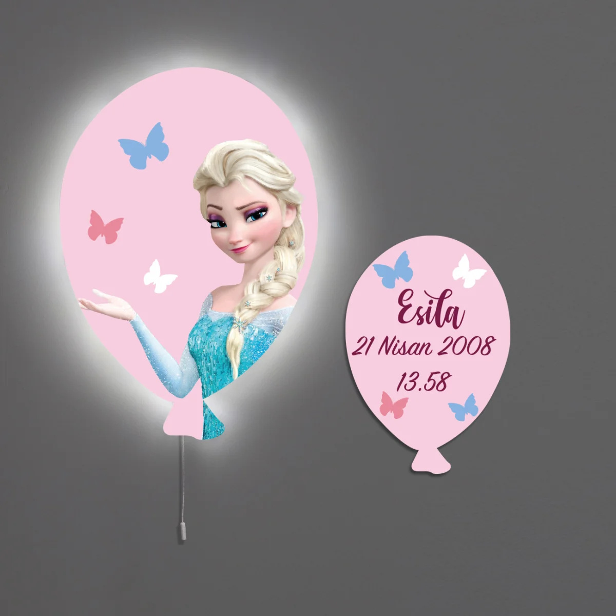Elsa Balon Avize | Pembe kelebekler, parıltılı elbise Desenli