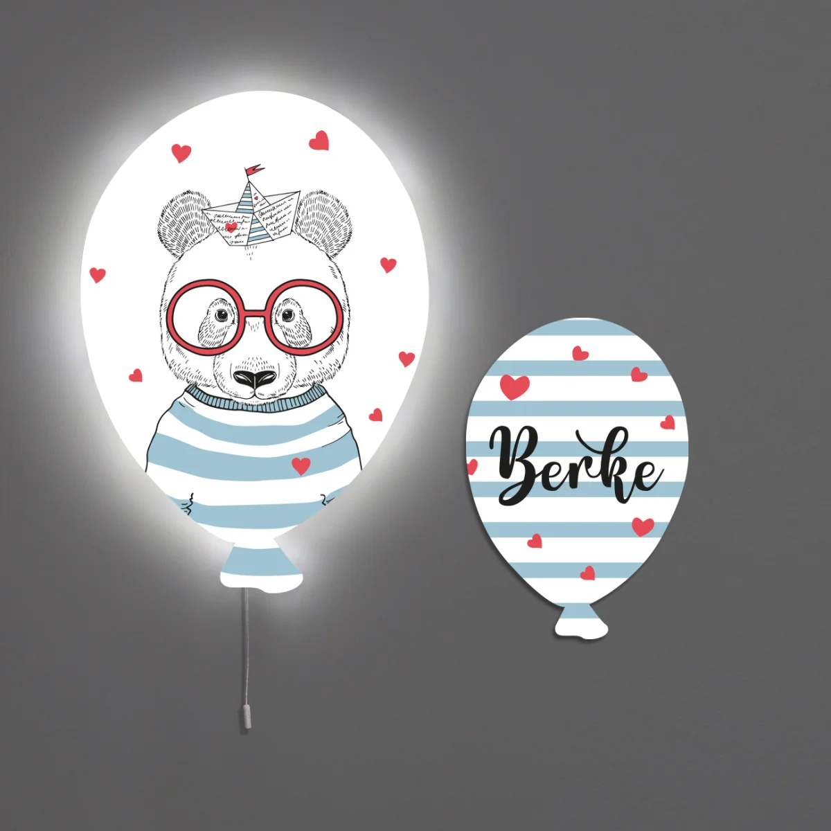 Panda Balon Avize | Beyaz kırmızı kalpler, çizgili tişört Desenli