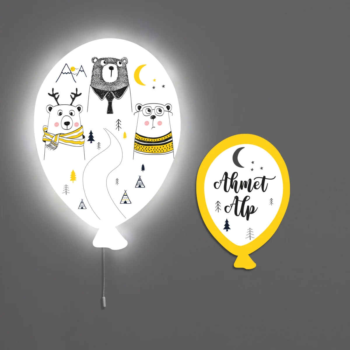 Ayılar Balon Avize | Beyaz Dağlar, ağaçlar Desenli