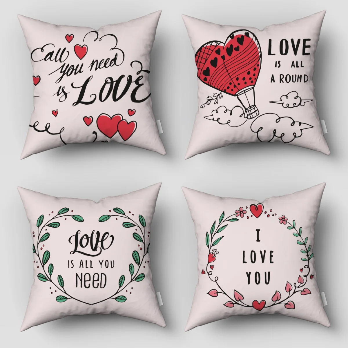 Aşk 4lü Kırlent | Pembe kalpler, bulutlar Desenli