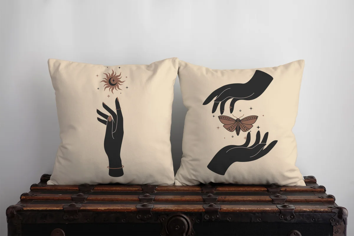 Perili kız ve kedi İkili Kırlent | Beyaz Yıldızlar, parıltılar Desenli