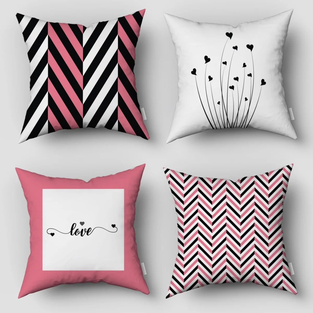 Aşk, Kalp 4lü Kırlent | Pembe Kalpler, aşk yazısı Desenli