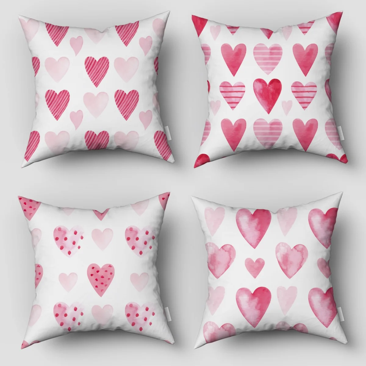 Kalp 4lü Kırlent | Beyaz pembe ve kırmızı kalpler, çizgili Desenli