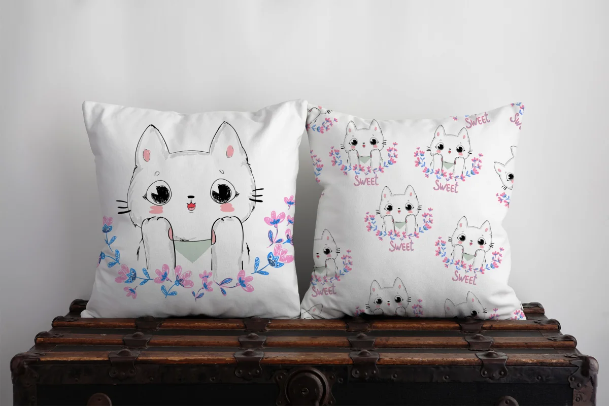 Deniz Kızı ve Deniz Altı İkili Kırlent | Beyaz Deniz kızı, narval Desenli