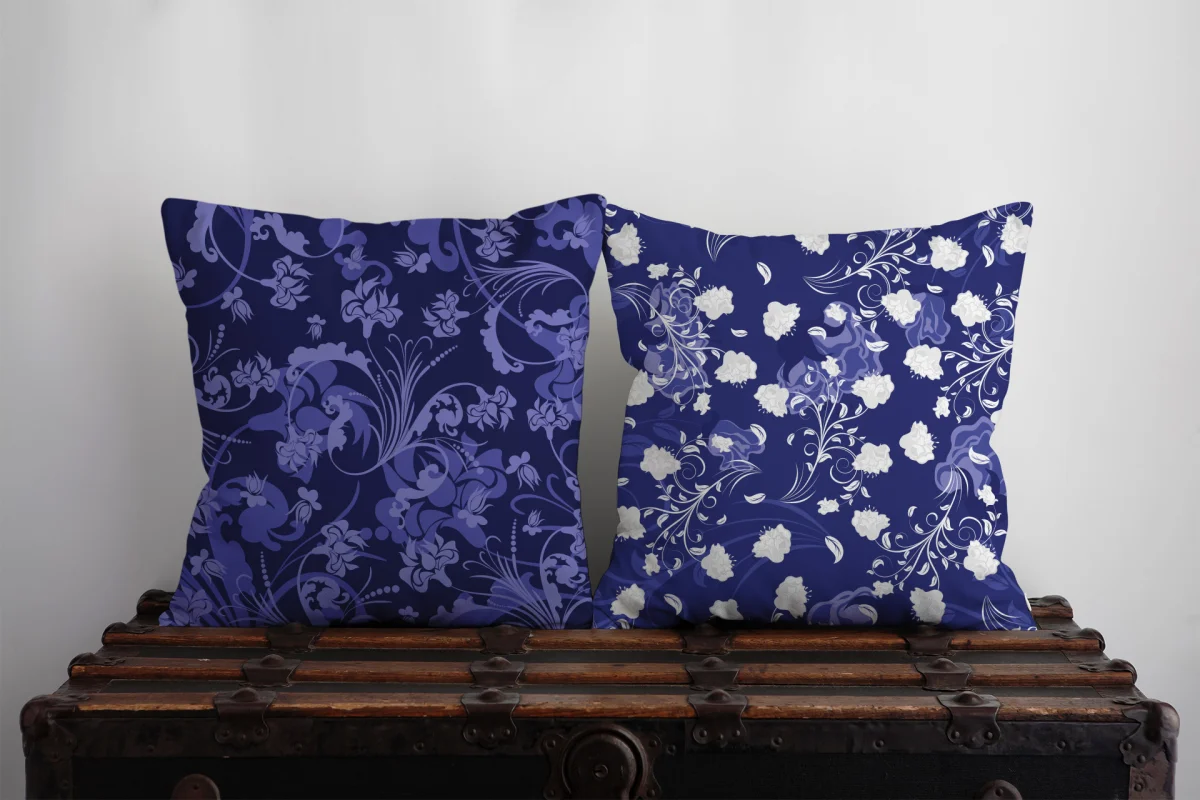 Düş kapanı, Çiçekler İkili Kırlent | Beyaz sarı, mavi ve turkuaz çiçekler Desenli