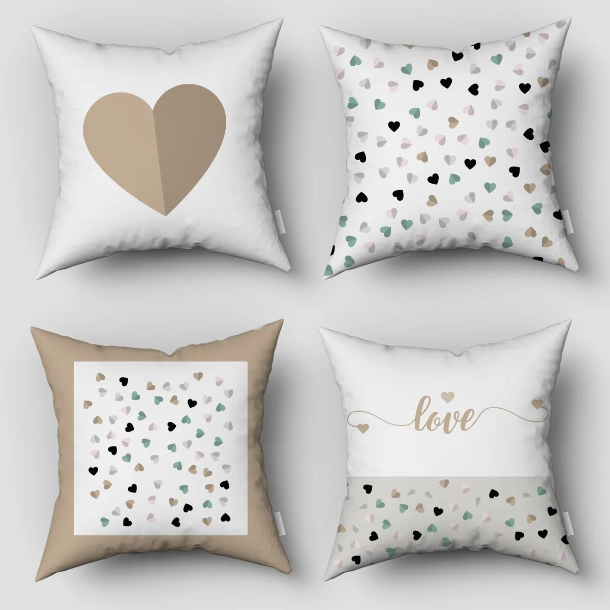 Kalp 4lü Kırlent | Beyaz dağınık pastel ve siyah kalpler, love yazısı Desenli
