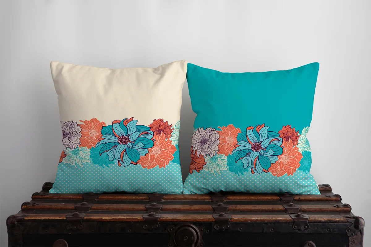 Flamingo İkili Kırlent | Beyaz Çiçekler, taç Desenli