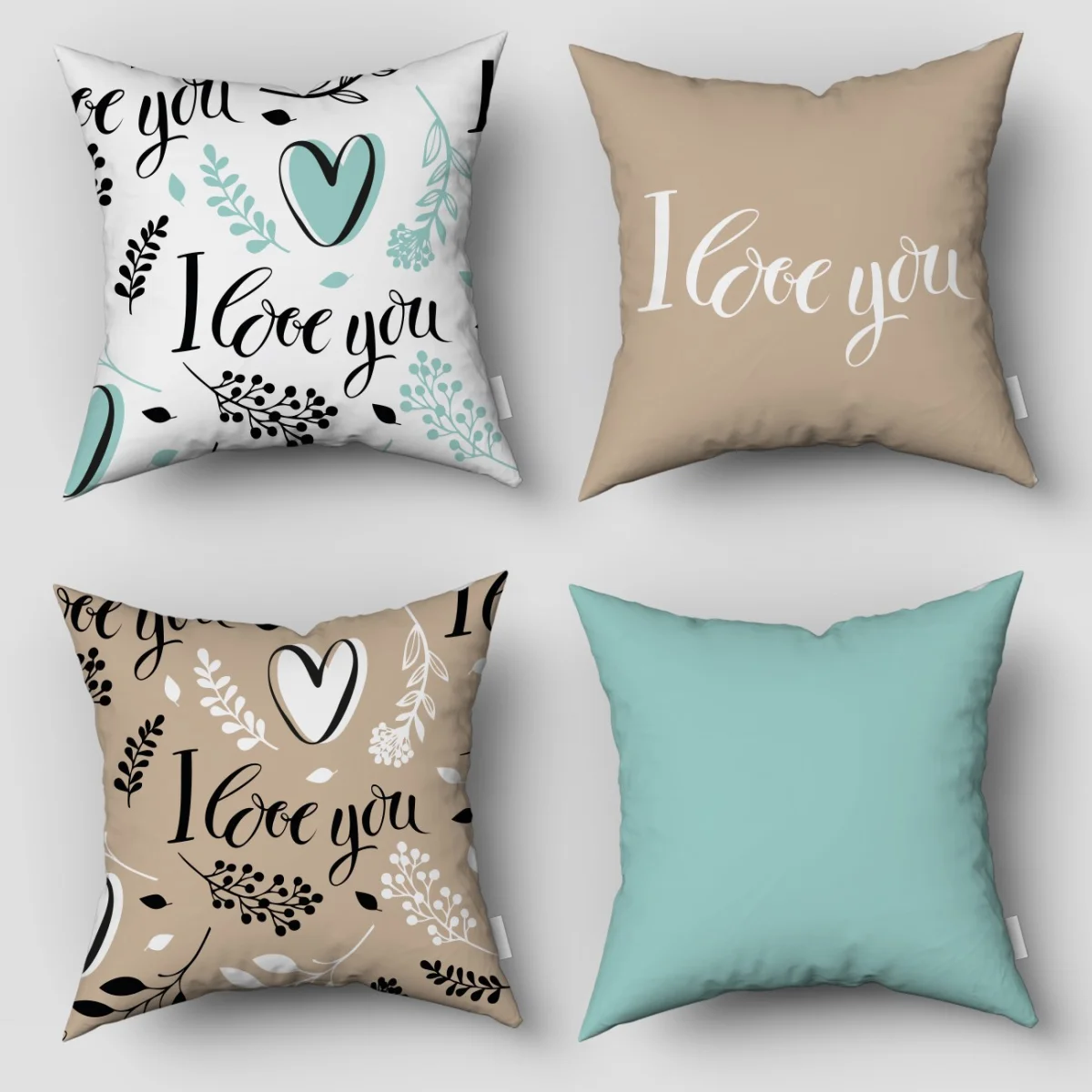Aşk 4lü Kırlent | Beyaz, Bej, Su Yeşili kalp, 'I love you' yazısı Desenli