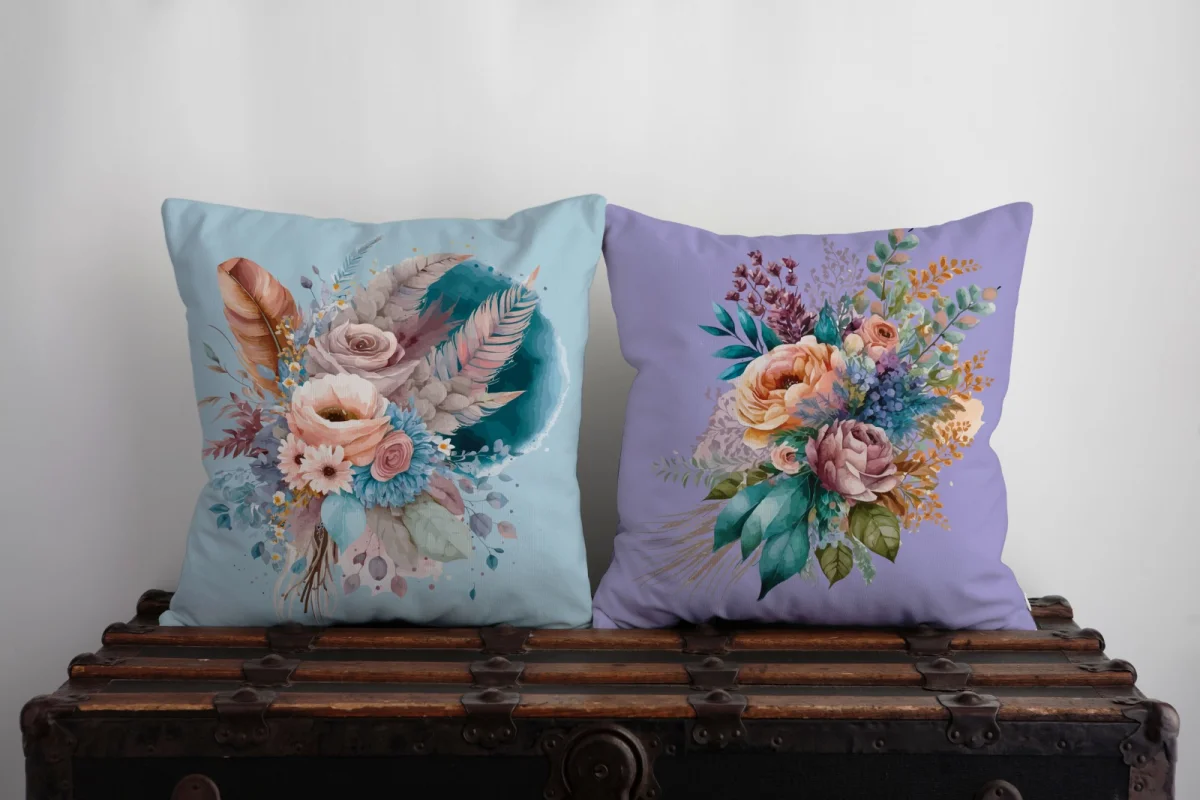 Fil, Sıcak hava balonu İkili Kırlent | Beyaz pembe bulut, kalp Desenli