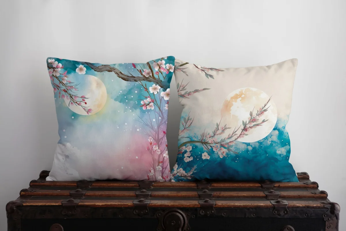 Prenses tacı İkili Kırlent | Beyaz Pembe yıldızlar, yaprak desenleri Desenli