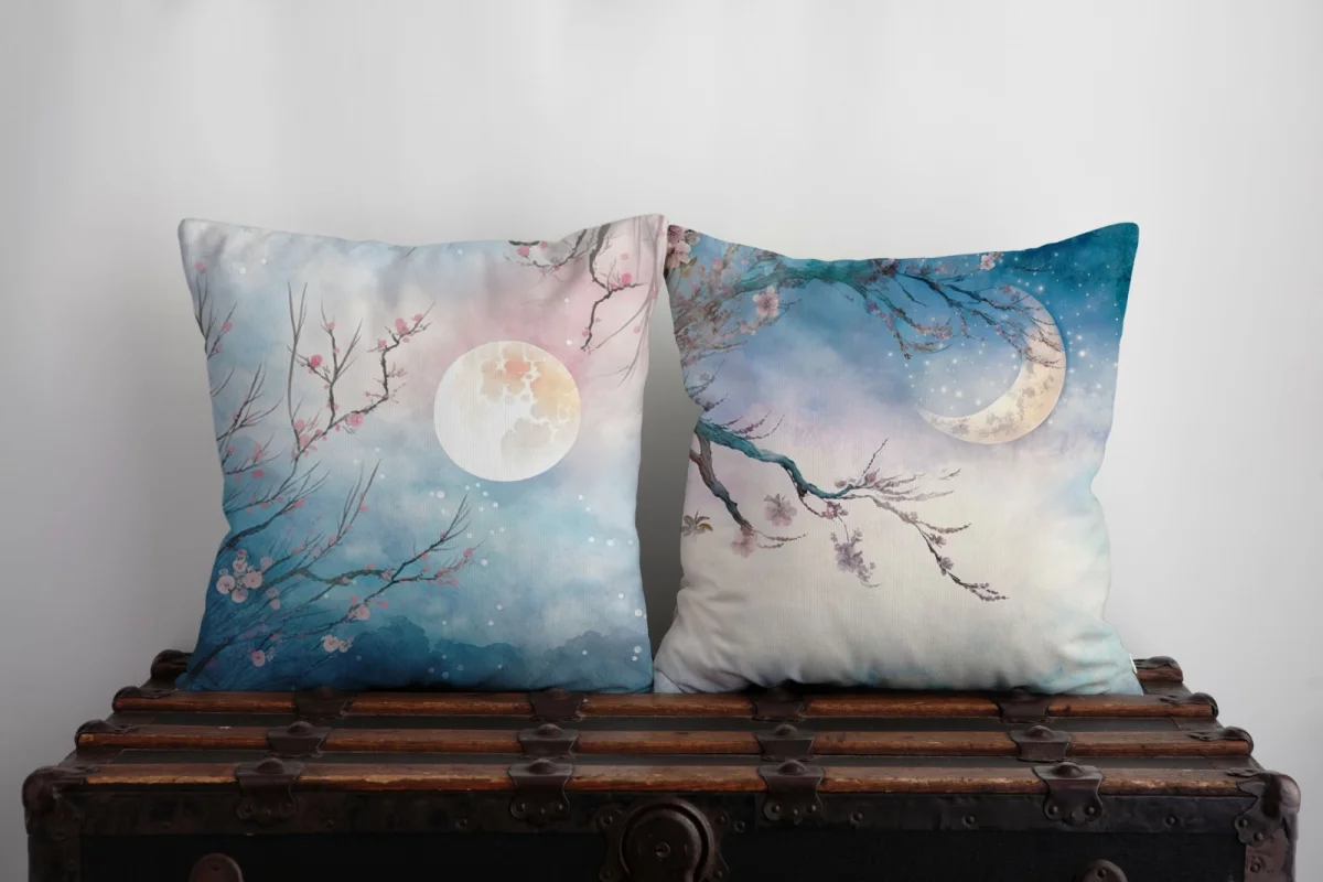 Kuğu Prenses İkili Kırlent | Mor taç, çiçekler Desenli