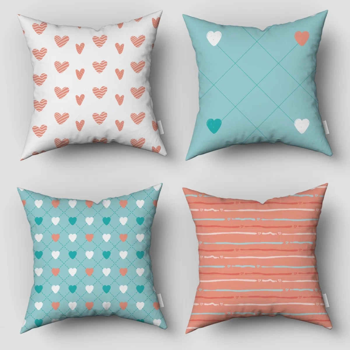 Kalp 4lü Kırlent | Açık Mavi, Mercan, Beyaz çizgili kalpler, kafes desen Desenli