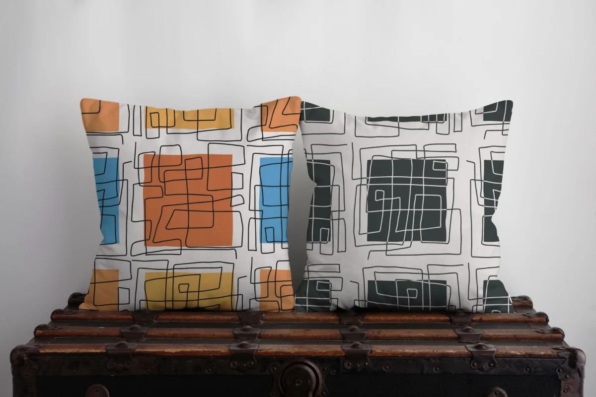 Soyut Geometrik İkili Kırlent | Beyaz Kareler, çizgiler Desenli