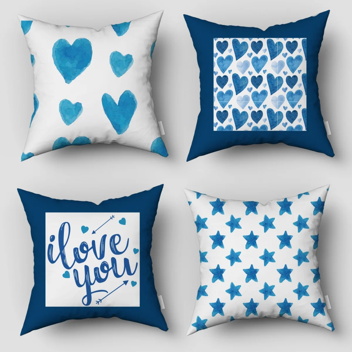 Aşk ve Yıldızlar 4lü Kırlent | Mavi, Beyaz sulu boya kalp, yıldız Desenli