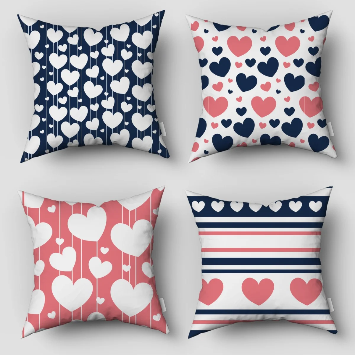 Kalp 4lü Kırlent | Mavi, pembe, beyaz farklı boyutlarda kalpler, çizgiler Desenli