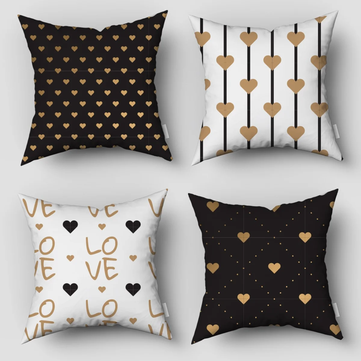 Aşk 4lü Kırlent | Siyah Kalp motifleri, çizgiler Desenli