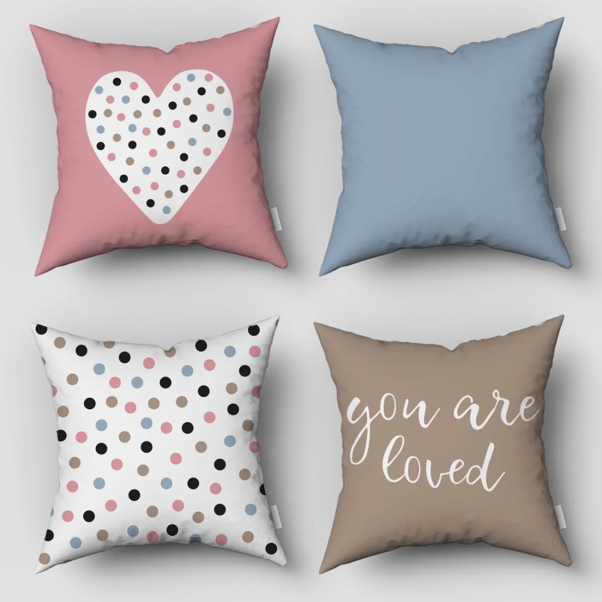 Sevgi ve puantiye 4lü Kırlent | Pembe Kalp, puantiyeler Desenli