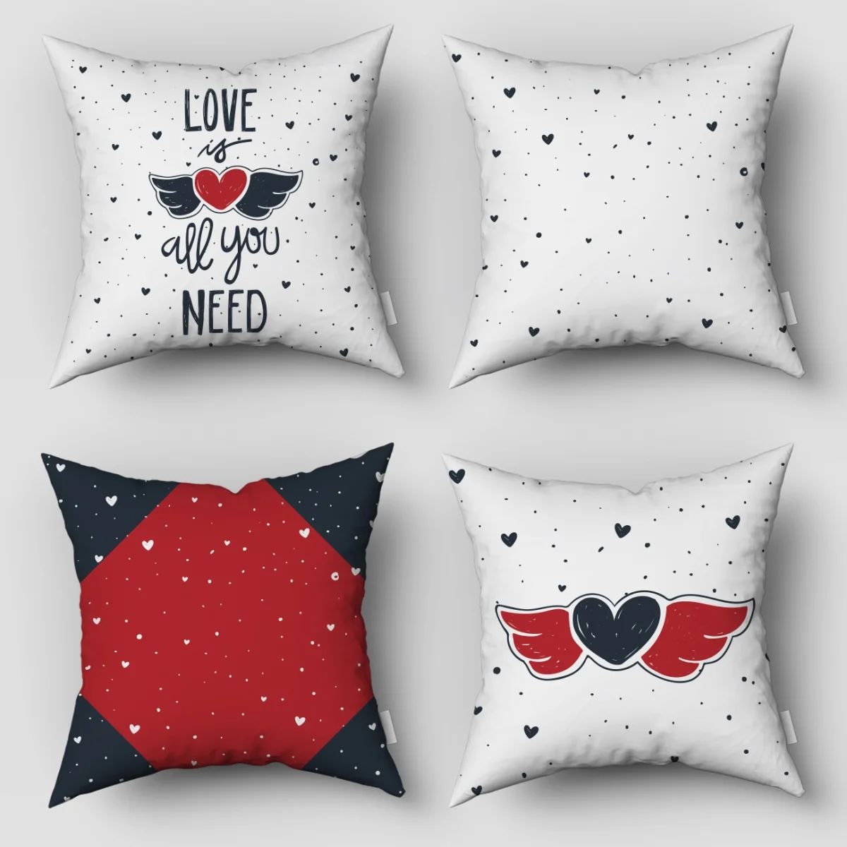 Aşk / Kalpler 4lü Kırlent | Beyaz kalpler, kanatlar Desenli