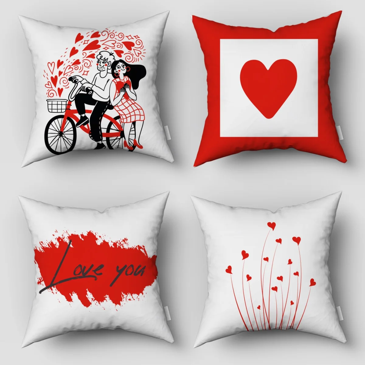 Aşk temalı 4lü Kırlent | Beyaz kalpler, çift Desenli