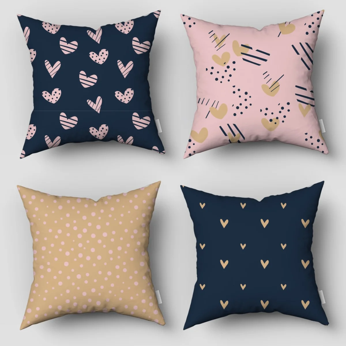 Kalp 4lü Kırlent | Koyu mavi Kalpler, puantiyeler Desenli