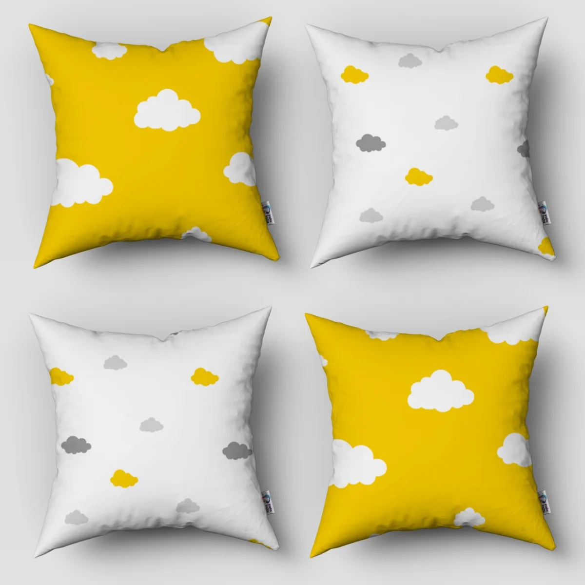 Bulutlar 4lü Kırlent | Sarı beyaz ve gri bulutlar Desenli