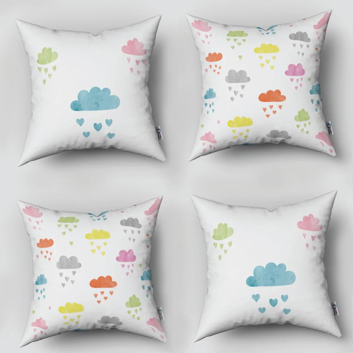 Bulutlar 4lü Kırlent | Beyaz Renkli bulutlar ve kalp yağmuru Desenli