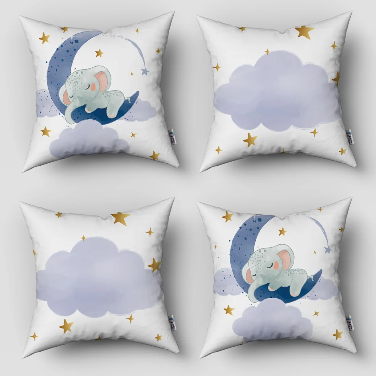 Uyuyan Fil ve Ay 4lü Kırlent | Beyaz yıldızlar, bulutlar Desenli