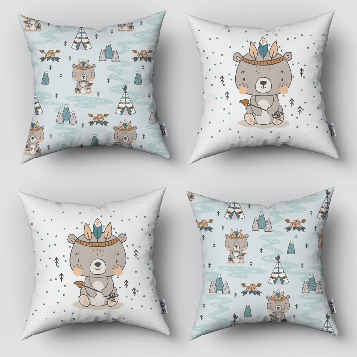 Kızılderili Temalı Ayı 4lü Kırlent | Beyaz mavi noktalar, siyah ok/ağaç figürleri Desenli