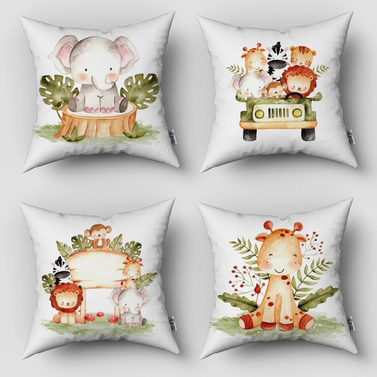 Orman Hayvanları 4lü Kırlent | Beyaz yeşil yapraklar, safari cipi Desenli