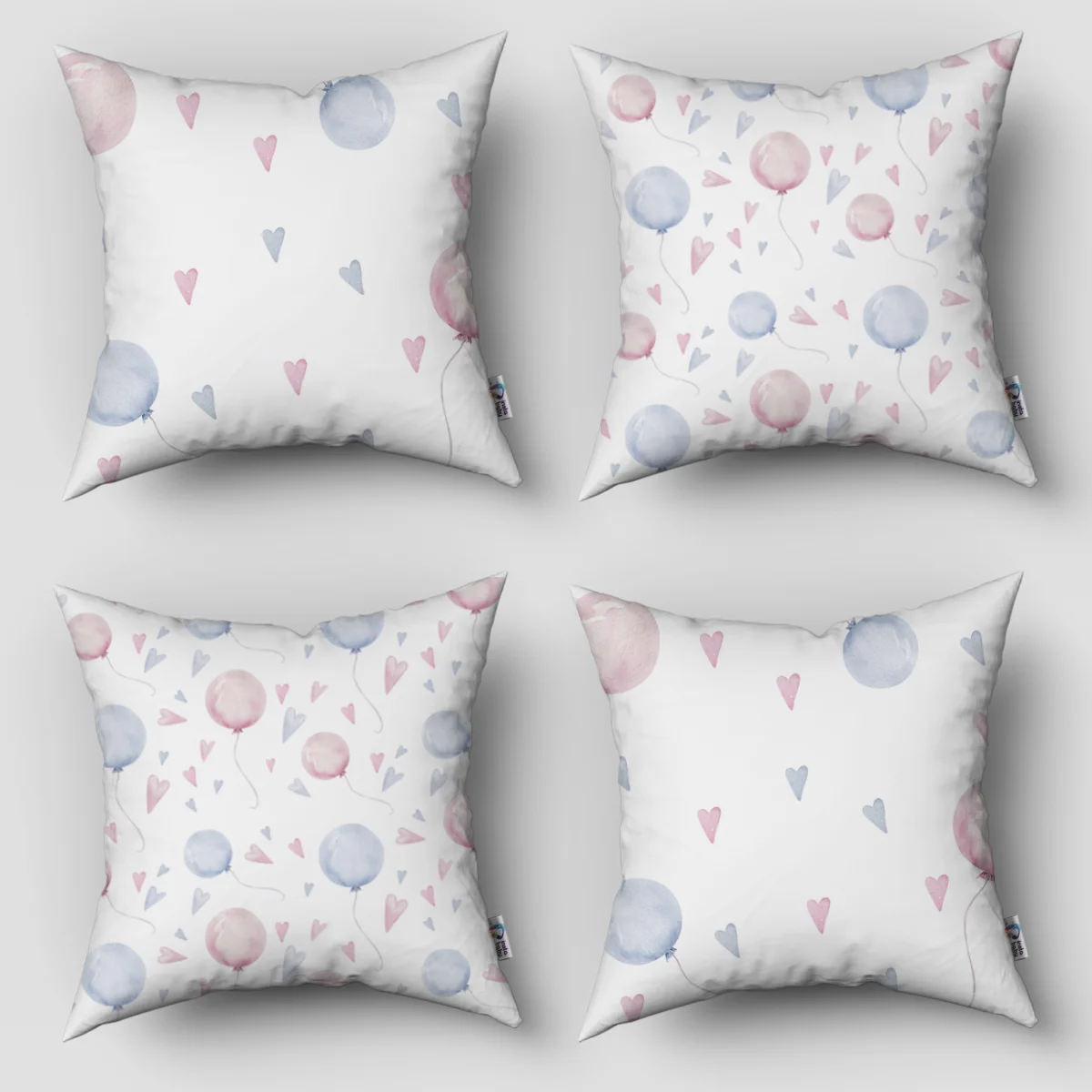 Balonlar ve Kalpler 4lü Kırlent | Beyaz Pembe ve mavi balonlar, pembe ve mavi kalpler Desenli