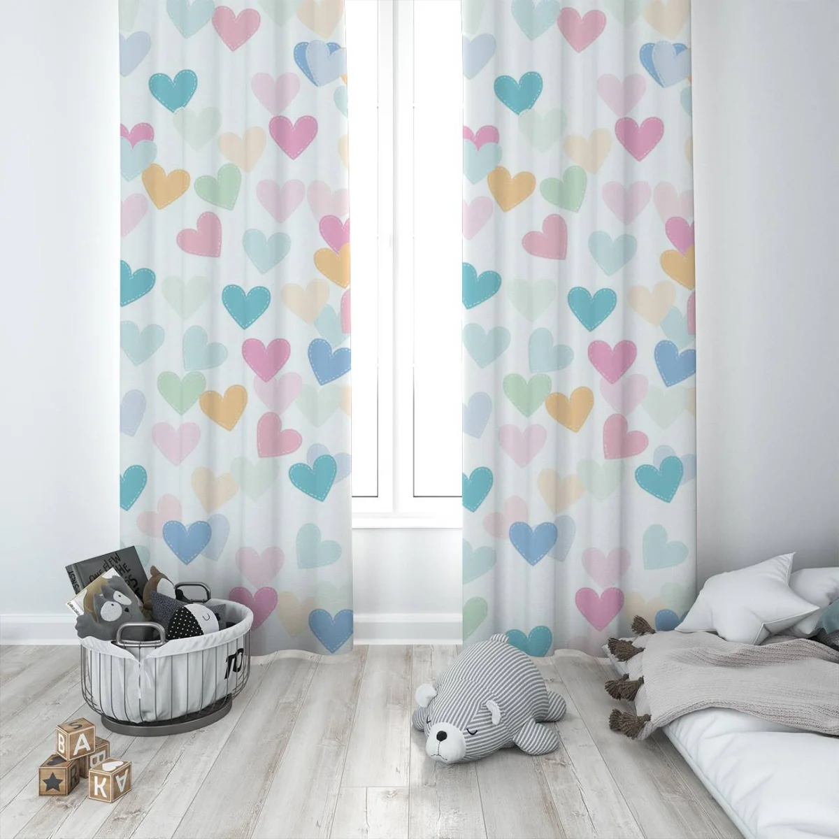 Bulut ve kalpler Fon Perde | Beyaz Gülümseyen bulut, pastel renkli kalpler Desenli