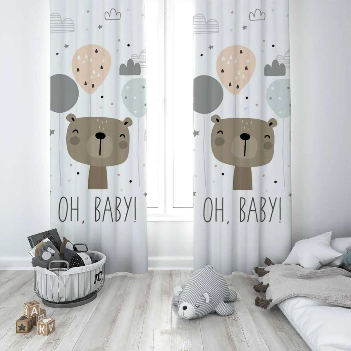 Ayı Fon Perde | Beyaz balonlar, bulutlar Desenli