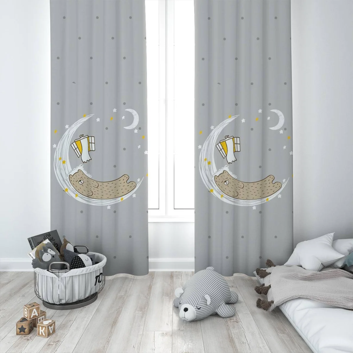 Uyuyan Ayı ve Ay Fon Perde | Gri yıldızlar, ay Desenli