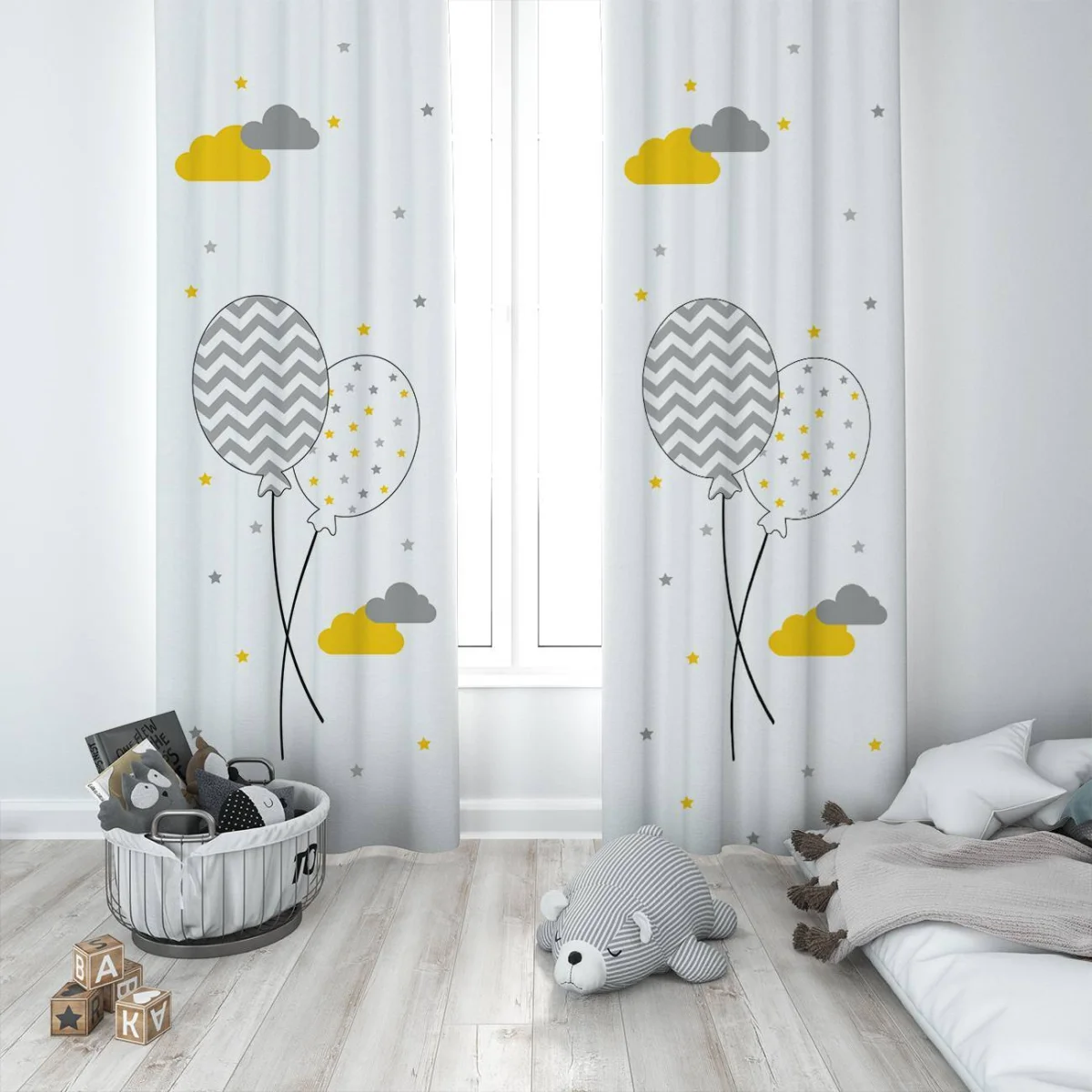 Bulutlar ve Balonlar Fon Perde | Beyaz Sarı ve gri bulutlar, yıldızlar Desenli
