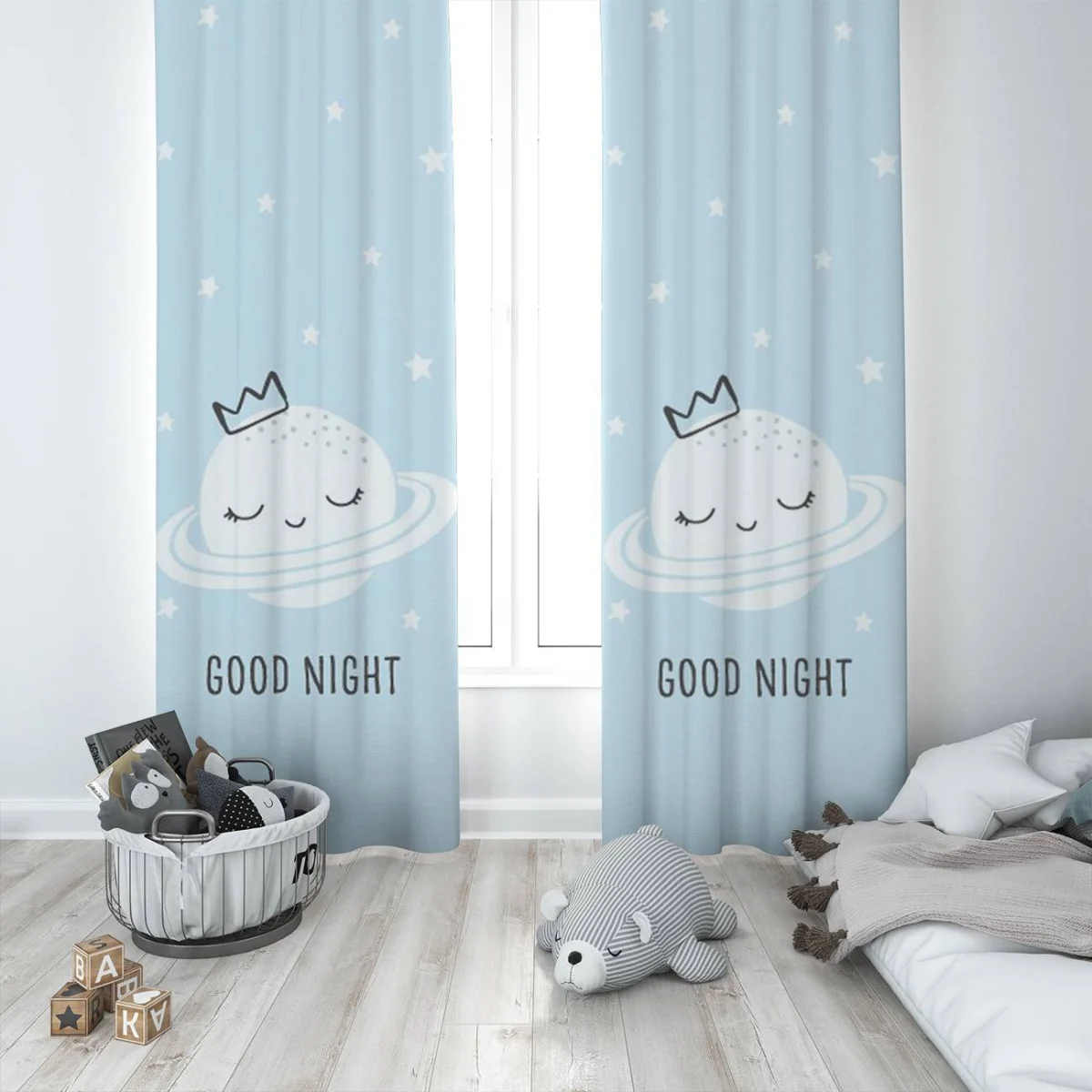 Uzay Fon Perde | Mavi yıldızlar, taç Desenli