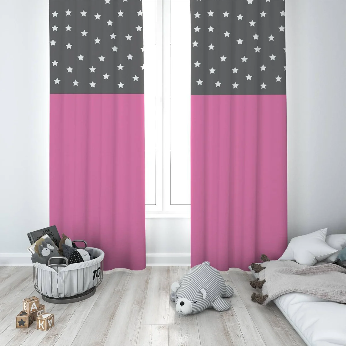 Yıldız Fon Perde | Pembe Gri kısımda beyaz yıldızlar Desenli