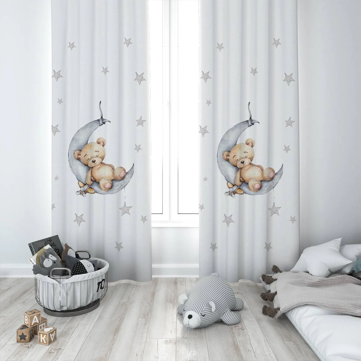 Uyuyan ayıcık ve ay Fon Perde | Beyaz Yıldızlar, küçük uçak Desenli