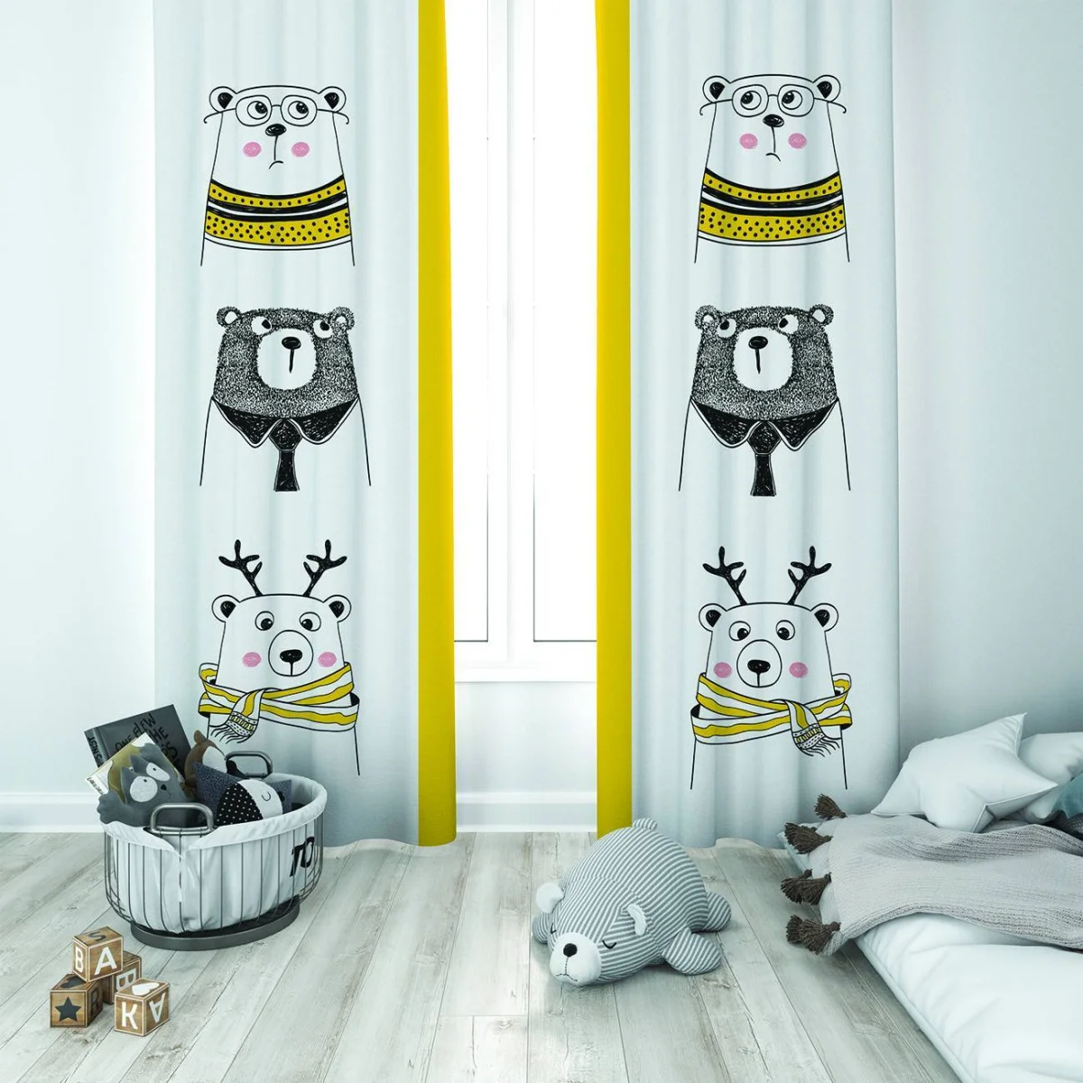 Ayılar Fon Perde | Beyaz Dağlar, ağaçlar Desenli