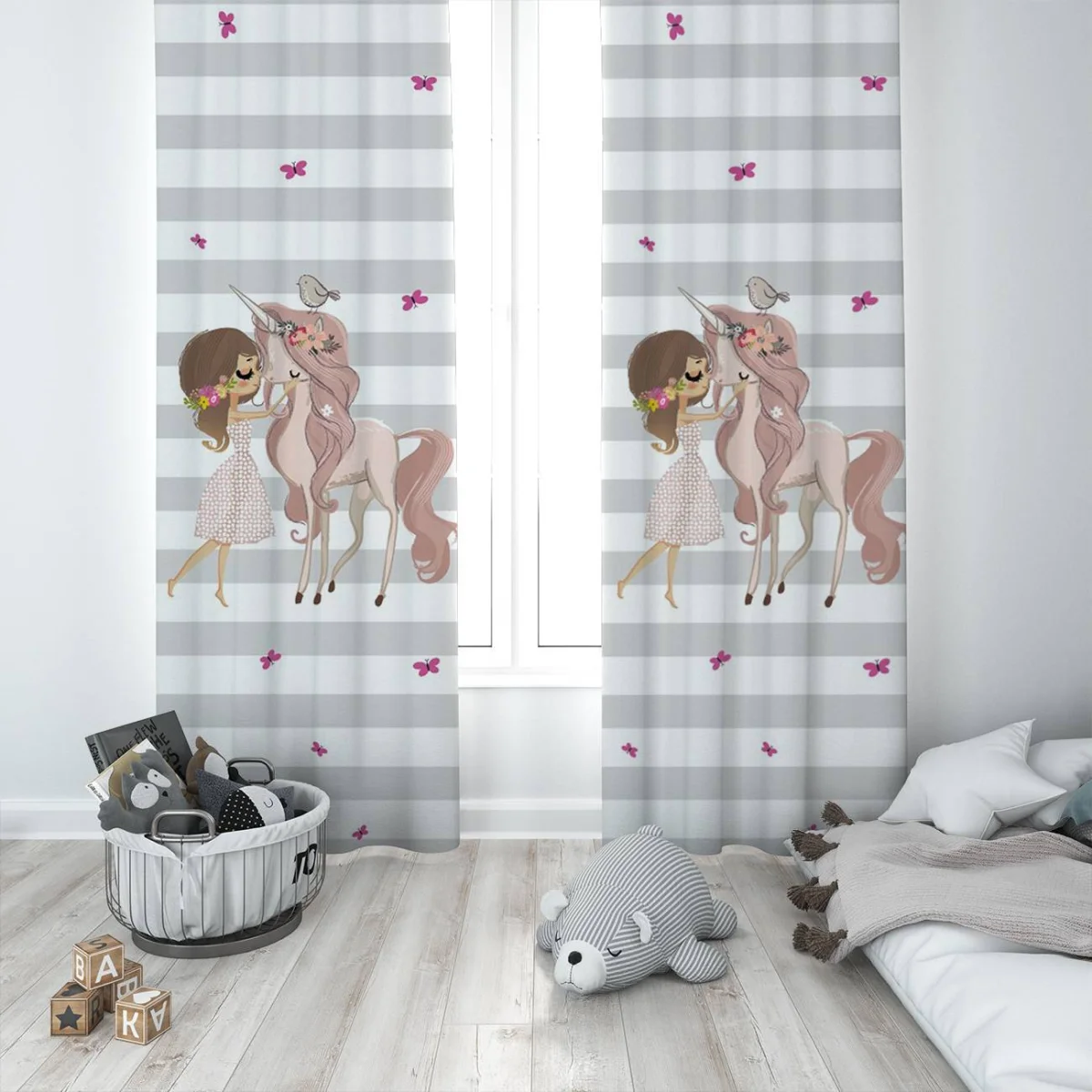 Unicorn Fon Perde | Beyaz kız, kuş Desenli