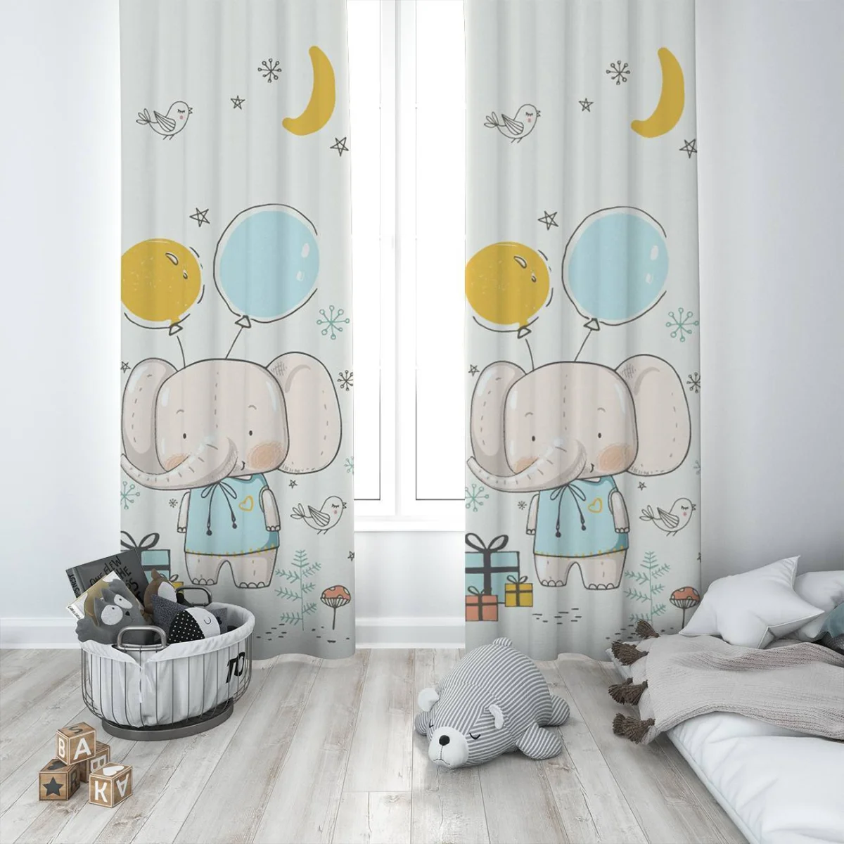 Fil, Orman Hayvanları Fon Perde | Beyaz yıldız, balon Desenli