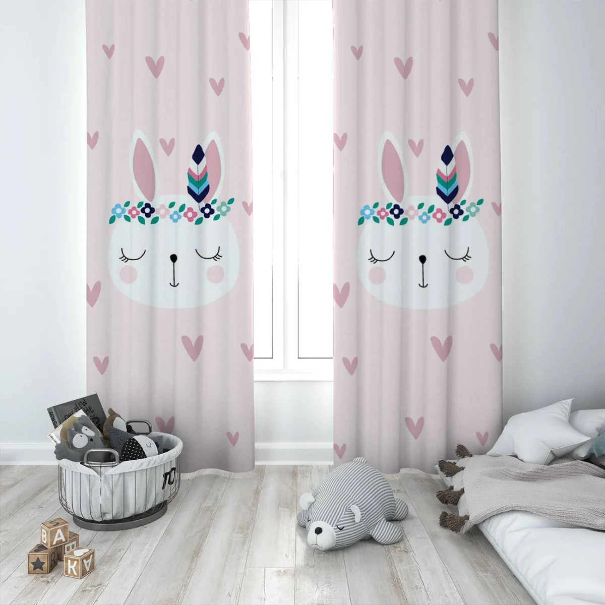 Tavşan Fon Perde | Pembe Kalpler, çiçekler Desenli