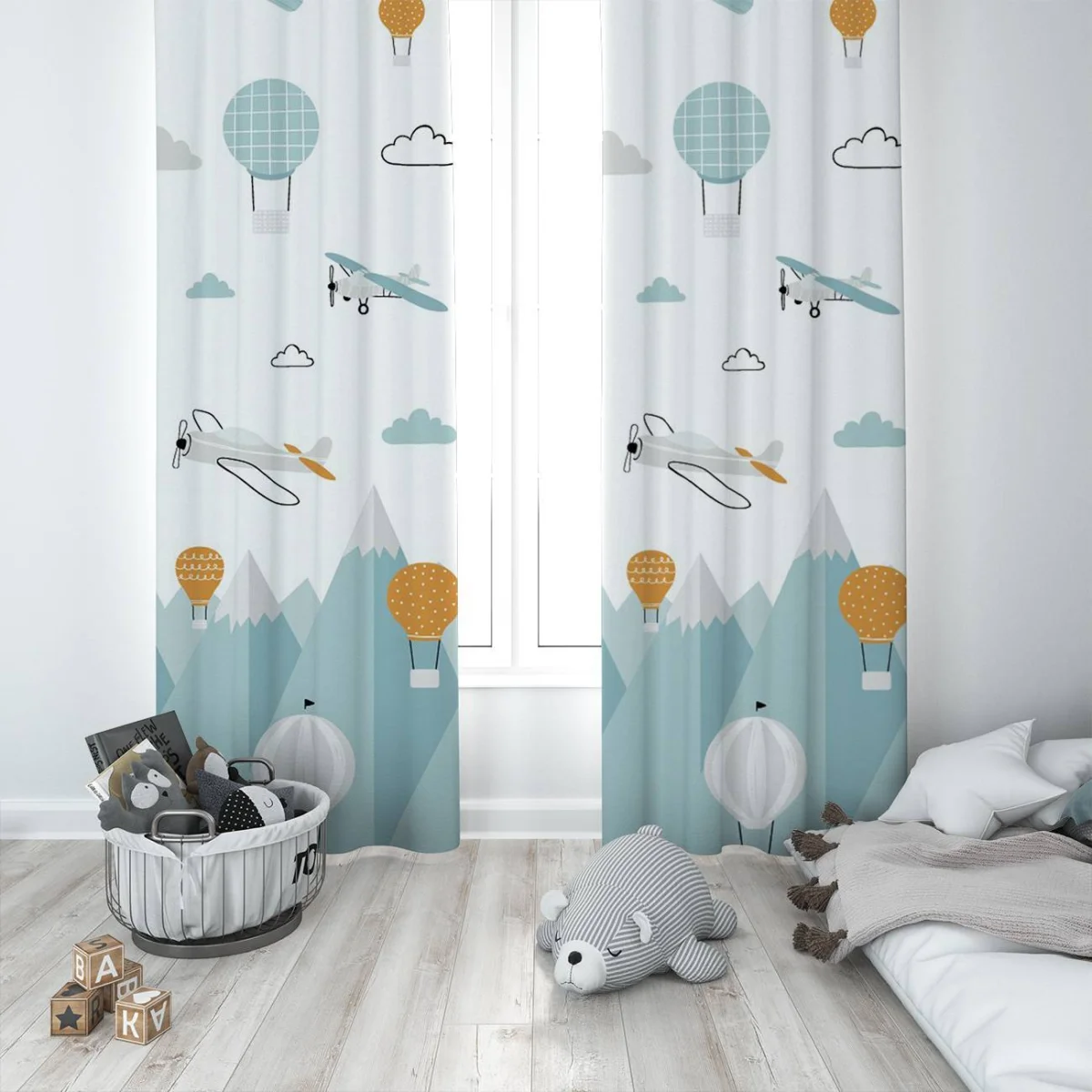 Uçaklar ve Balonlar Fon Perde | Beyaz uçak, sıcak hava balonları Desenli