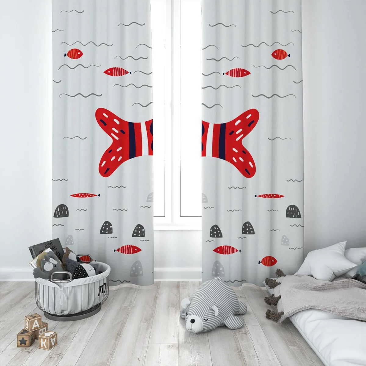 Balık Fon Perde | Beyaz Dalga, küçük balık Desenli