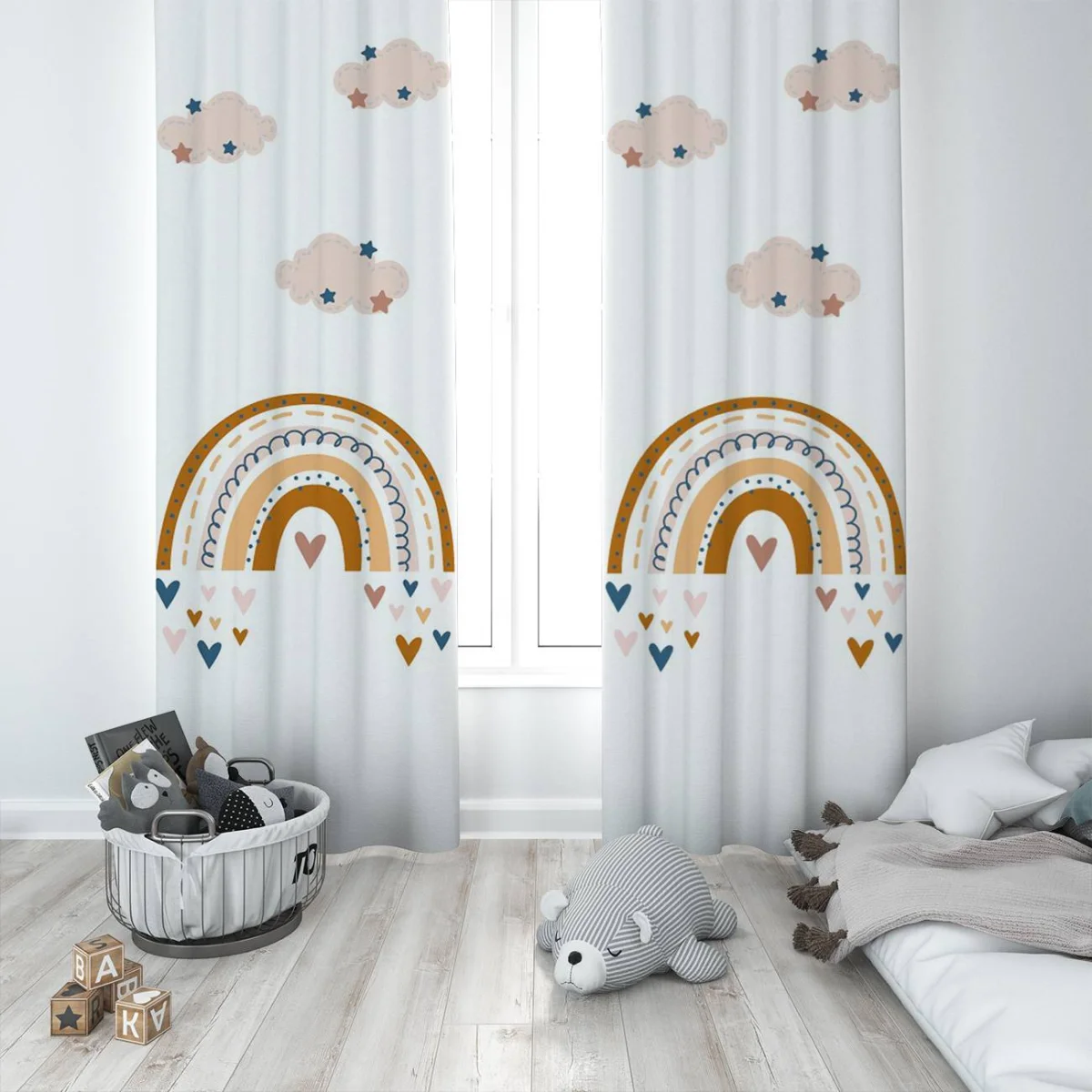 Gökkuşağı Fon Perde | Beyaz gökkuşağı, bulutlar Desenli