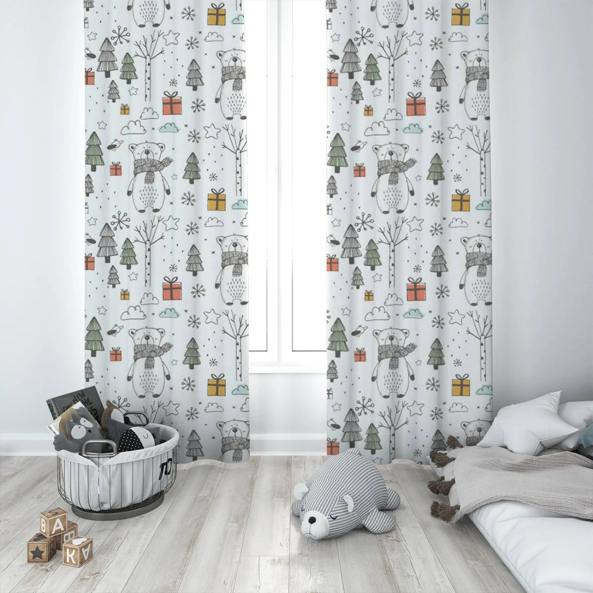 Kutup Ayısı Fon Perde | Beyaz çam ağaçları, kar taneleri Desenli