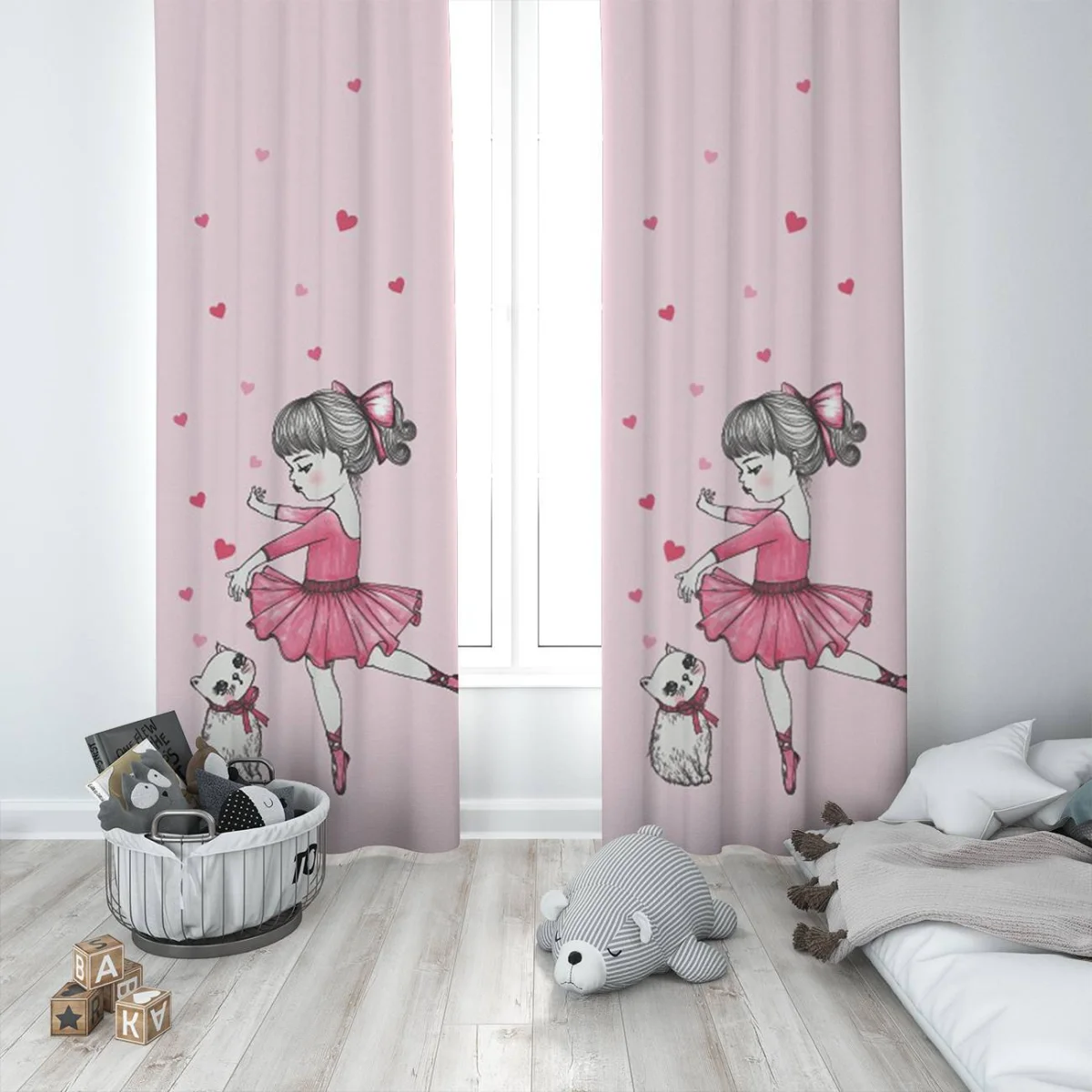 Balerin ve Kedi Fon Perde | Pembe kalpler Desenli