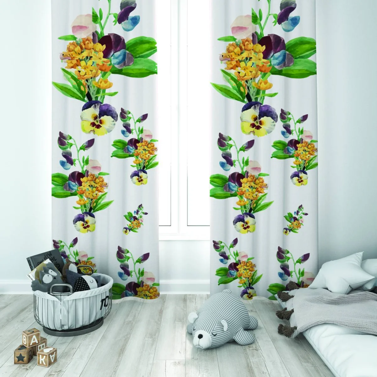 Çiçekli Harf Fon Perde | Beyaz siyah F harfi, rengarenk çiçekler Desenli